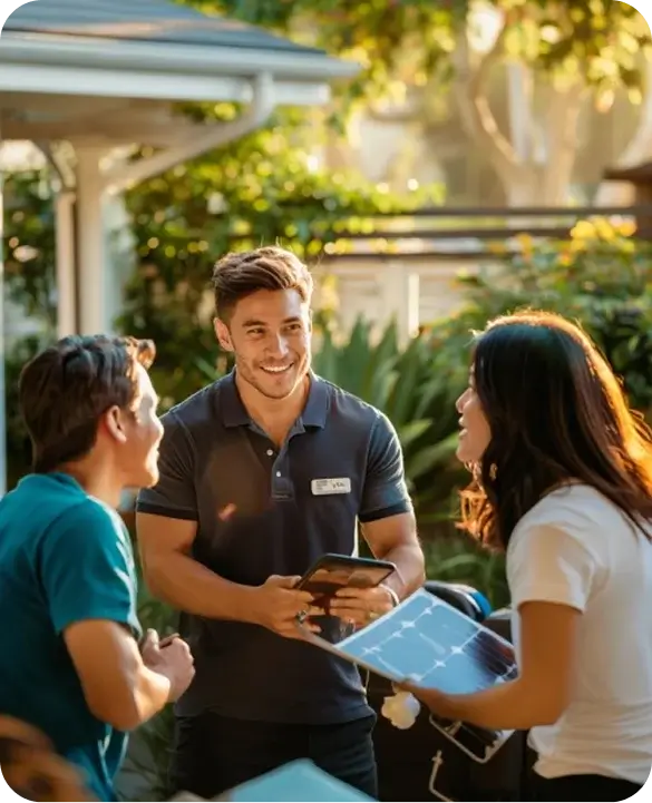A friendly service representative holding a tablet discusses GoodLeap financing options with a couple outdoors in a bright, welcoming setting.