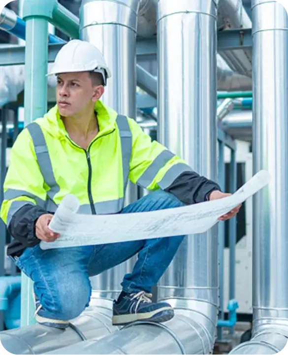 An engineer in a high-visibility jacket and hard hat reviewing blueprints while crouching among large commercial HVAC pipe systems.