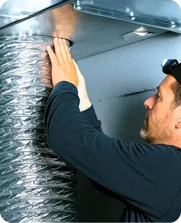 A technician wearing a headlamp carefully inspecting and repairing flexible ductwork connected to a metal HVAC duct system.