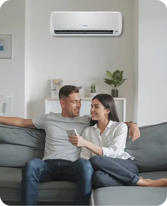Happy Couple on Couch Using Smart Thermostat with Mini Split AC Unit