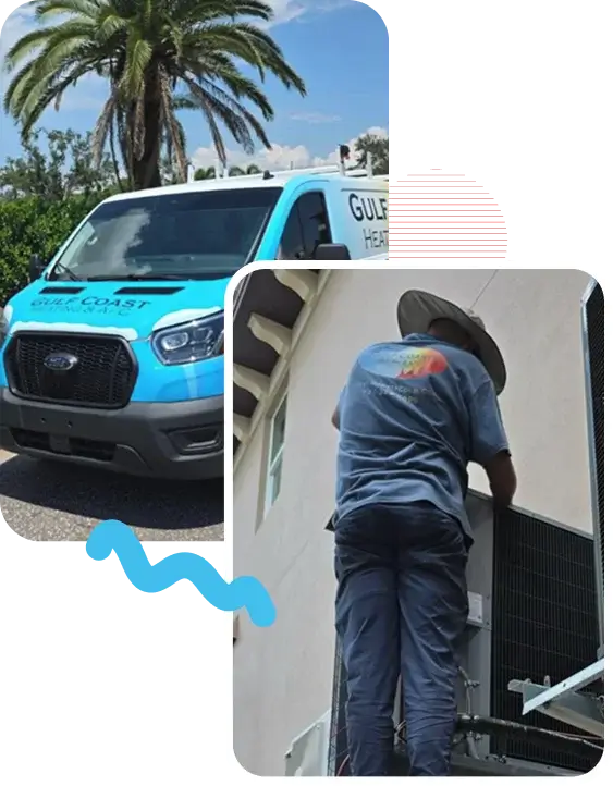 Gulf Coast Heating and AC branded service van parked outside a home alongside a technician installing a residential AC unit