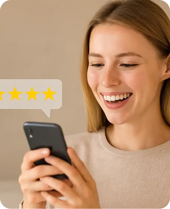 Happy woman reading five-star review on smartphone