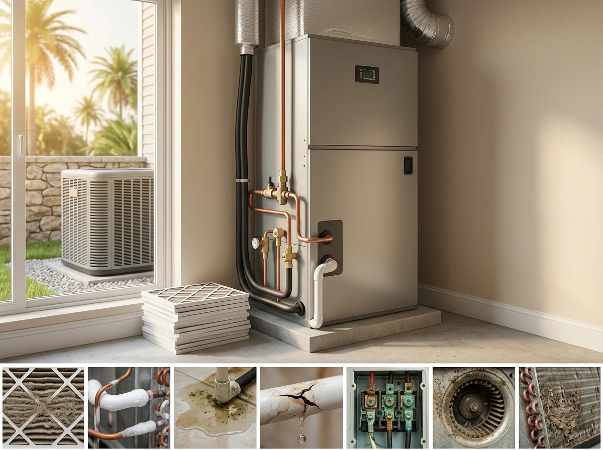 HVAC Air Handler with Warning Signs Dirty Filter Frozen Pipes Leaks Pinellas Park