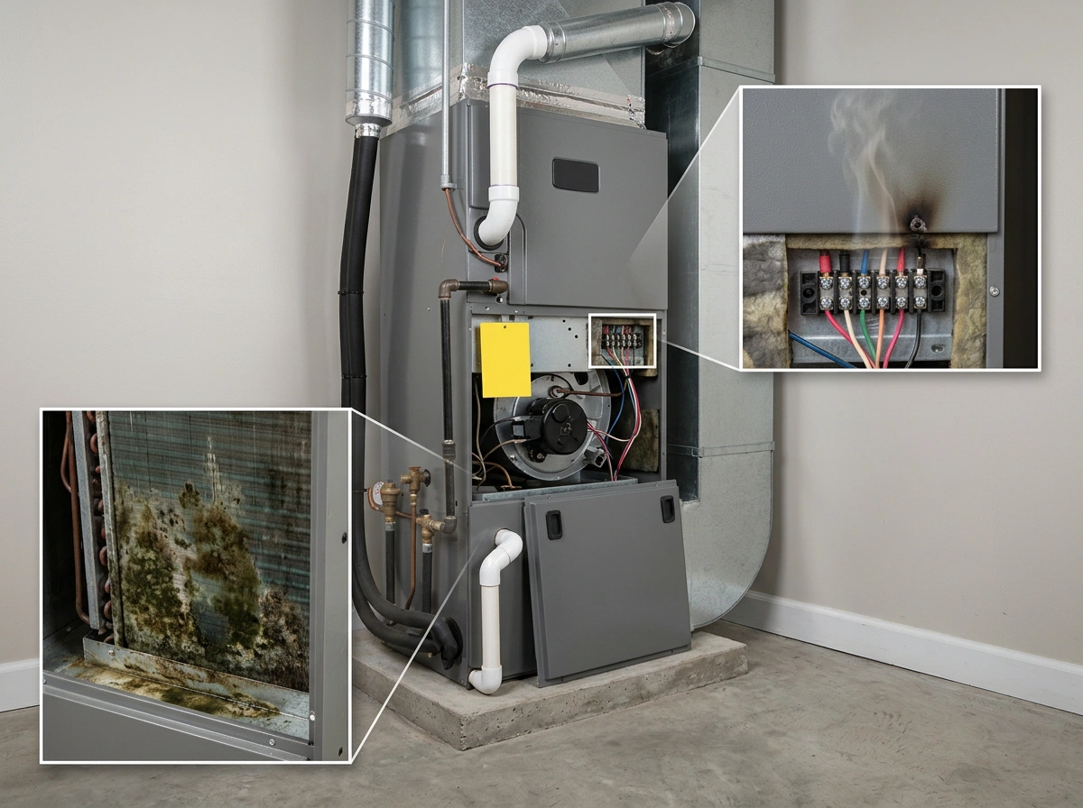 HVAC Unit with Burnt Wiring and Moldy Evaporator Coil Causing Smell