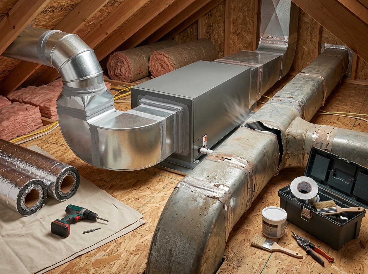 New Duct Installation Next to Damaged Leaking Ductwork in Home Attic