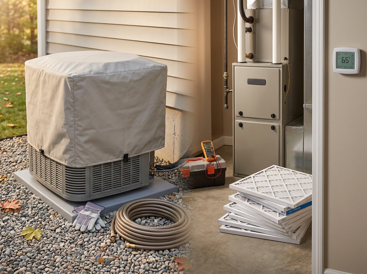 AC Unit with Winter Cover Filters and Tools for End of Season Maintenance