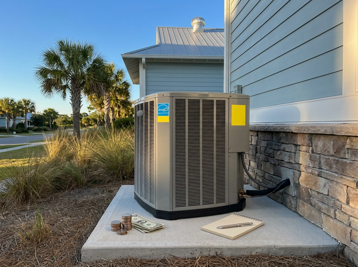 Energy Star AC Condenser Unit with Money and Notepad Lower Cooling Bills Gulf Coast