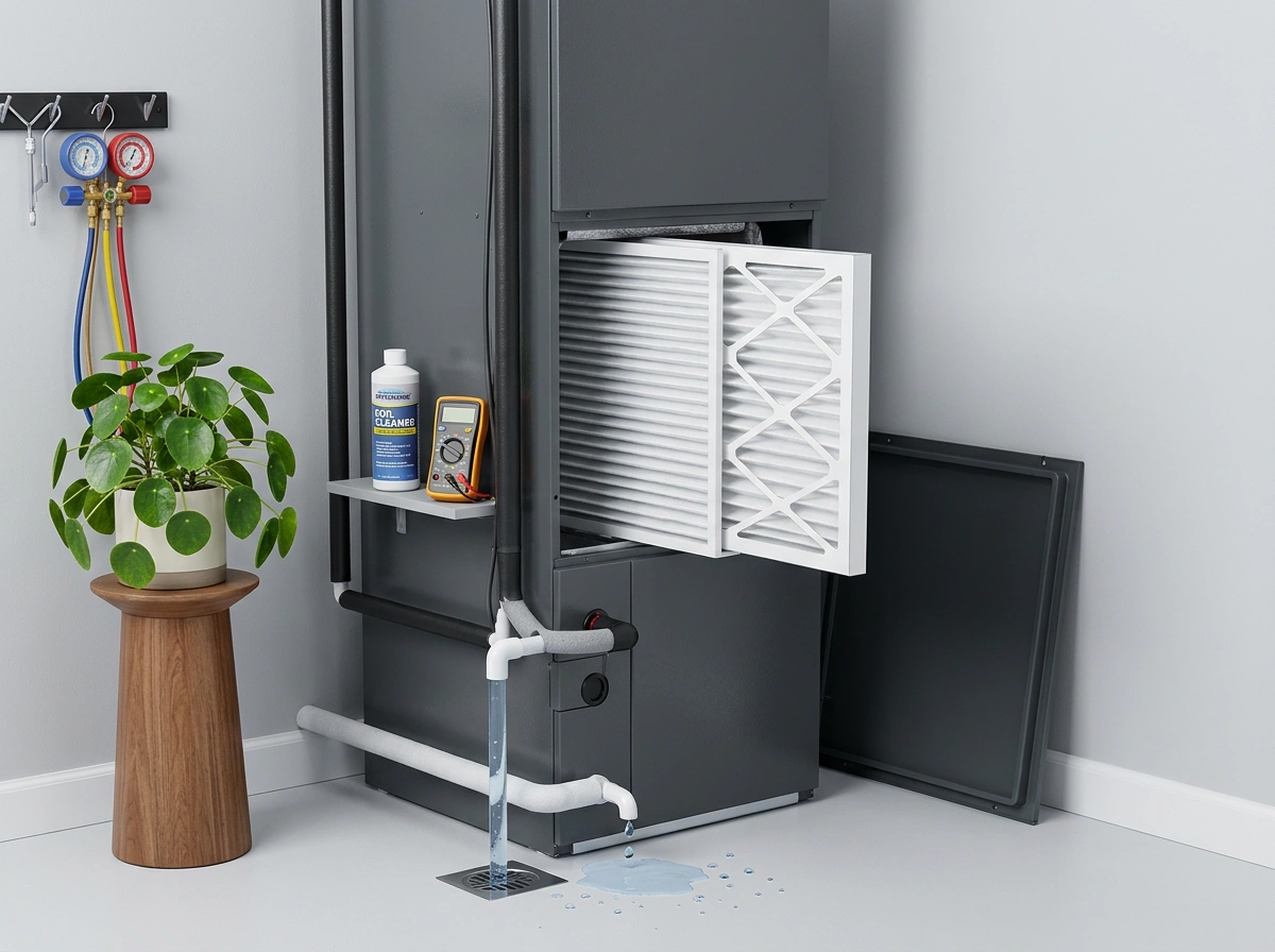 HVAC Air Handler with Clean Filter and Condensate Drain for Indoor Air Quality