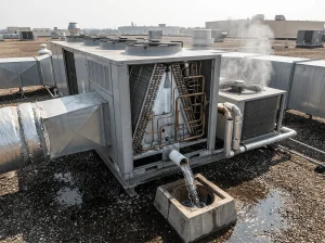 Frosted commercial condenser coil draining water on rooftop
