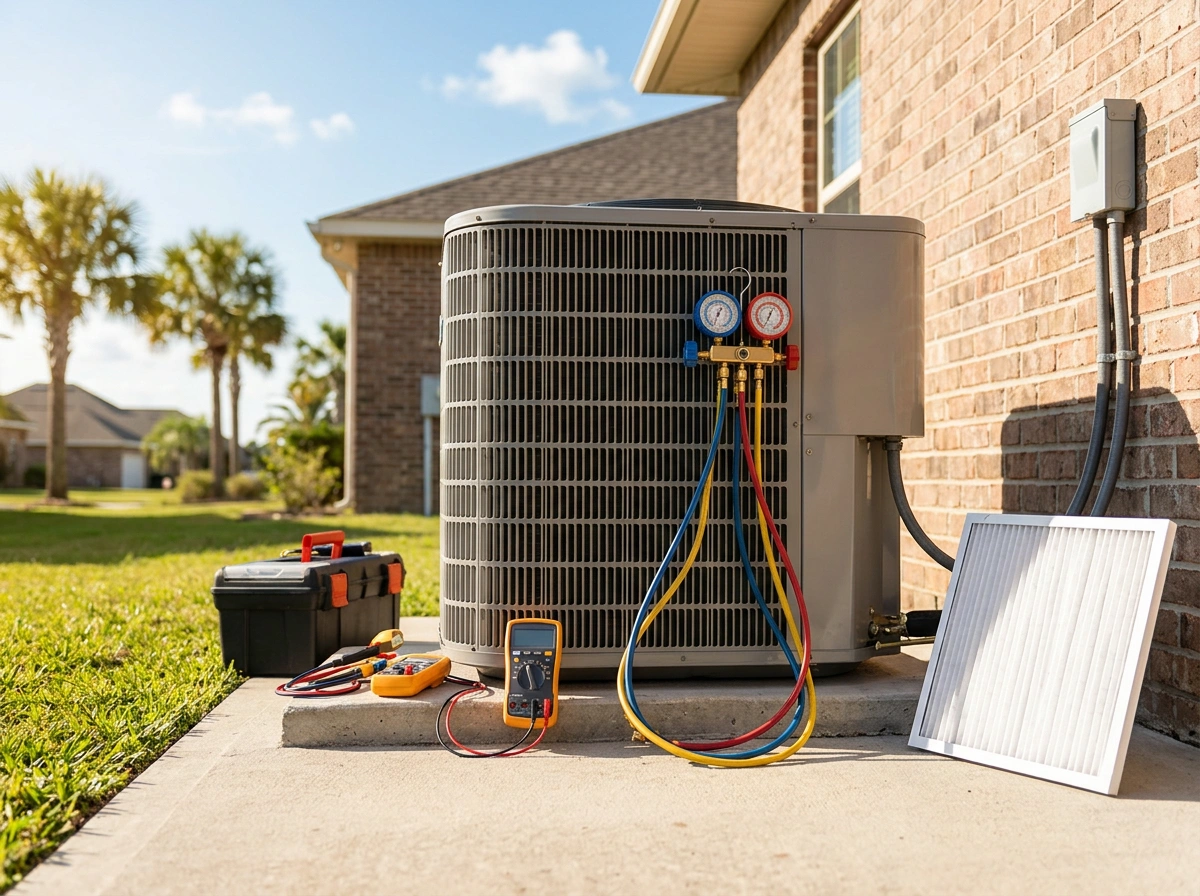 AC Unit with Refrigerant Gauges and Tools for Gulf Coast HVAC Maintenance