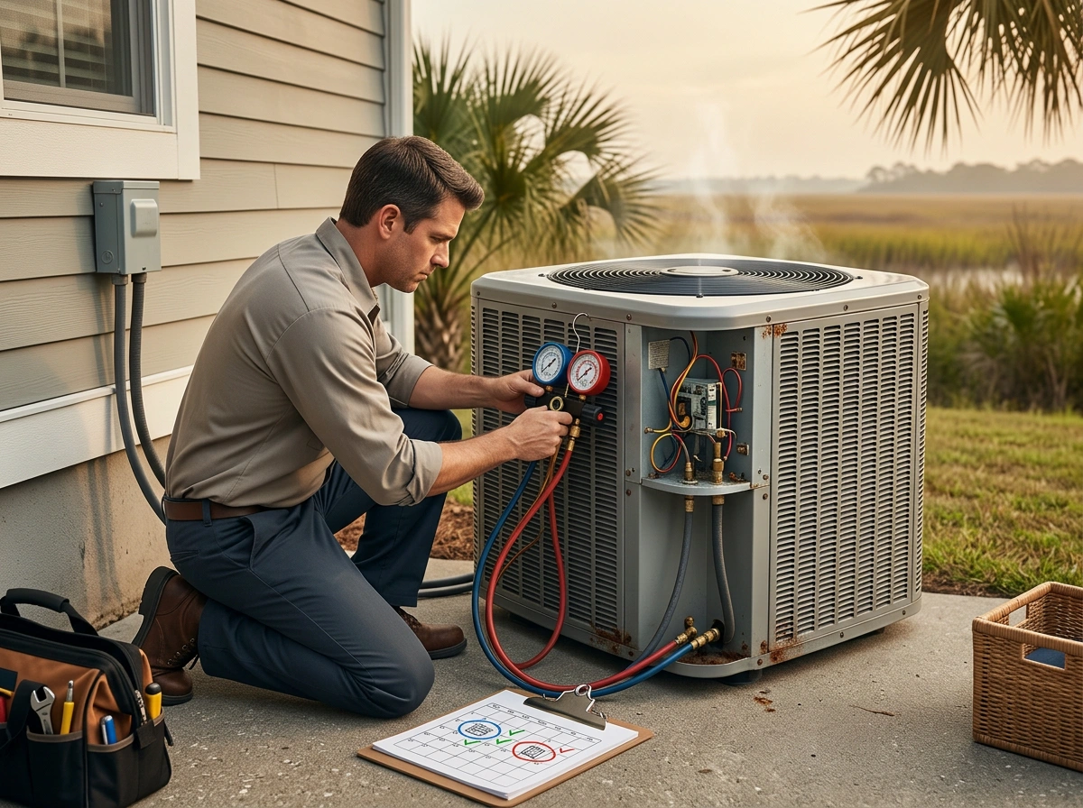 HVAC Technician Checking AC Refrigerant Levels Gulf Coast Home