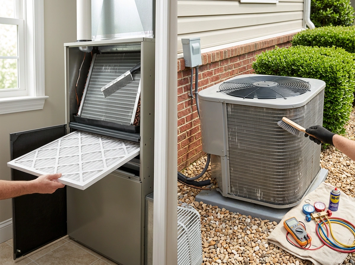 Technician Replacing Air Filter and Cleaning AC Condenser Coils for Longer Life