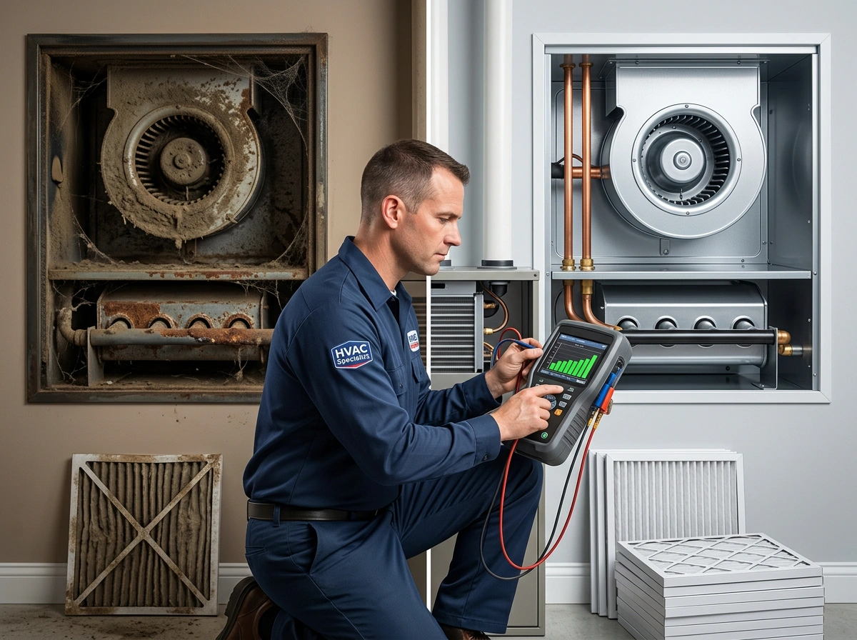 HVAC Specialist Comparing Dirty vs Clean AC Unit with Diagnostic Tool