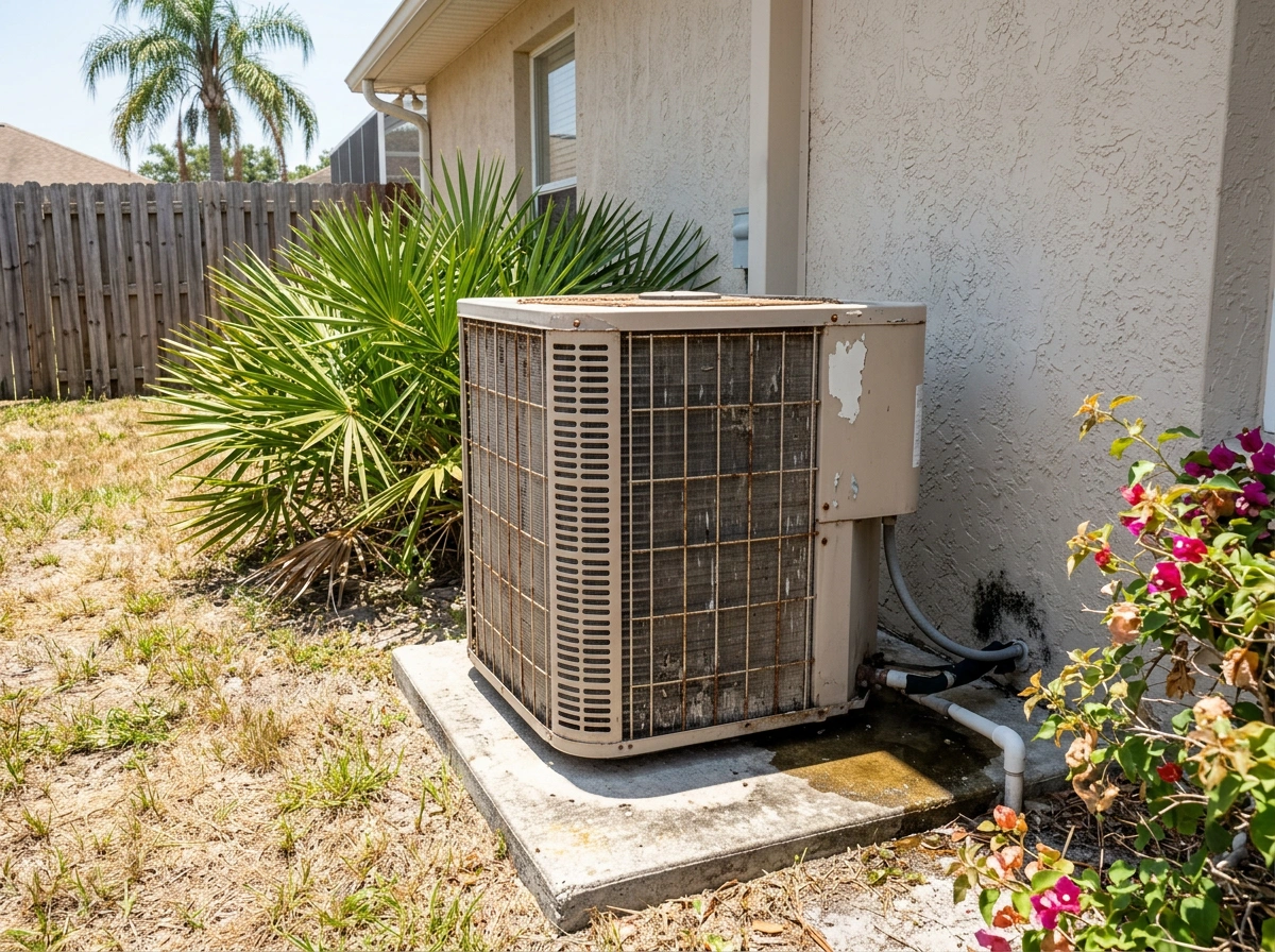Old Rusted Outdoor AC Unit Needing Replacement at Florida Home
