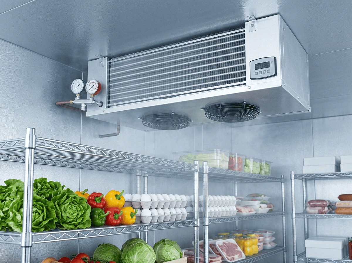 Ceiling evaporator unit cooling fresh produce in walk-in cooler