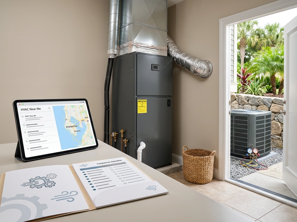 Tablet Searching HVAC Near Me Pinellas Park FL with Comparison Checklist