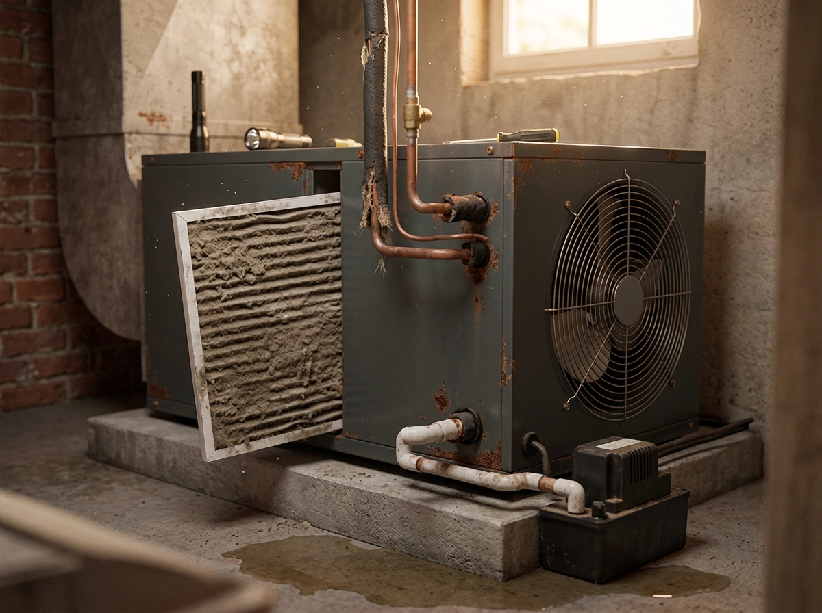 Neglected HVAC Unit with Clogged Filter Rust and Water Leak Issues