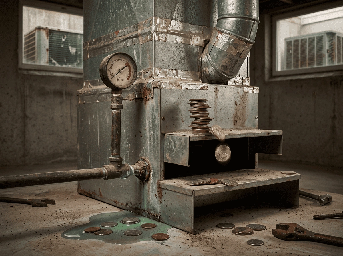Rusted leaking furnace unit with coins symbolizing repair costs