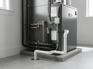 Modern HVAC furnace with copper lines and maintenance tags