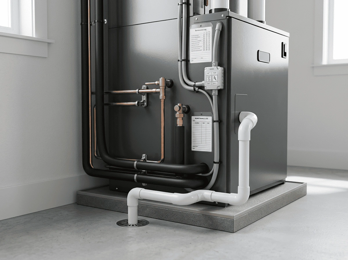 Modern HVAC furnace with copper lines and maintenance tags