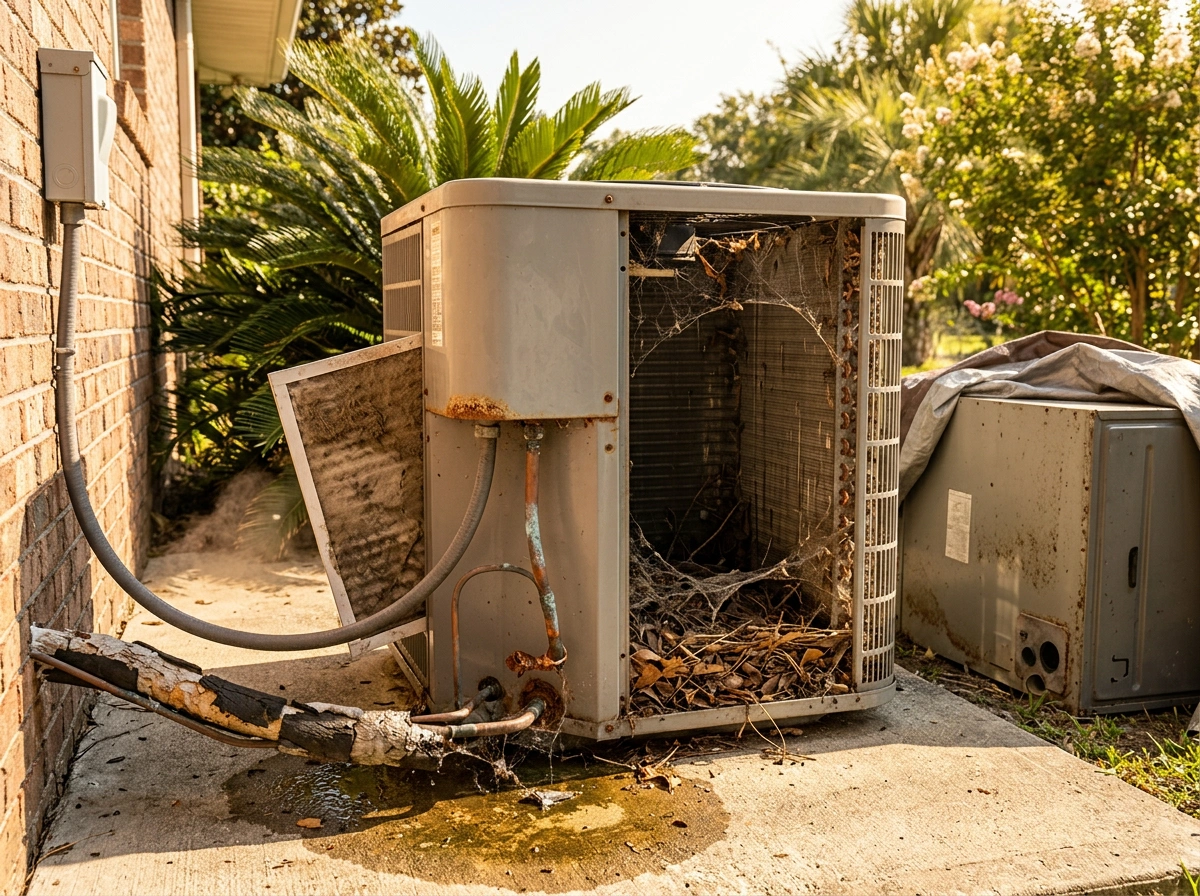 Neglected Outdoor AC Unit with Rust Debris and Cobwebs Gulf Coast