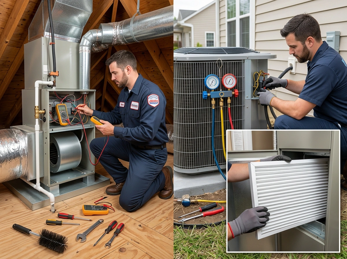HVAC Technician Performing Full AC Tune-Up Inspection and Filter Change