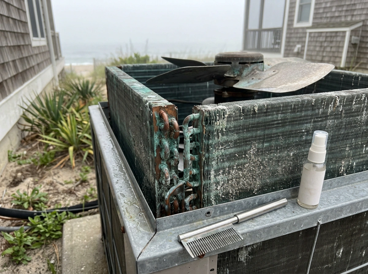 Corroded AC Condenser Coils on Coastal Home from Salt Air Damage