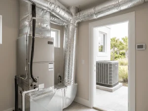 Indoor air handler with insulated ductwork near patio door