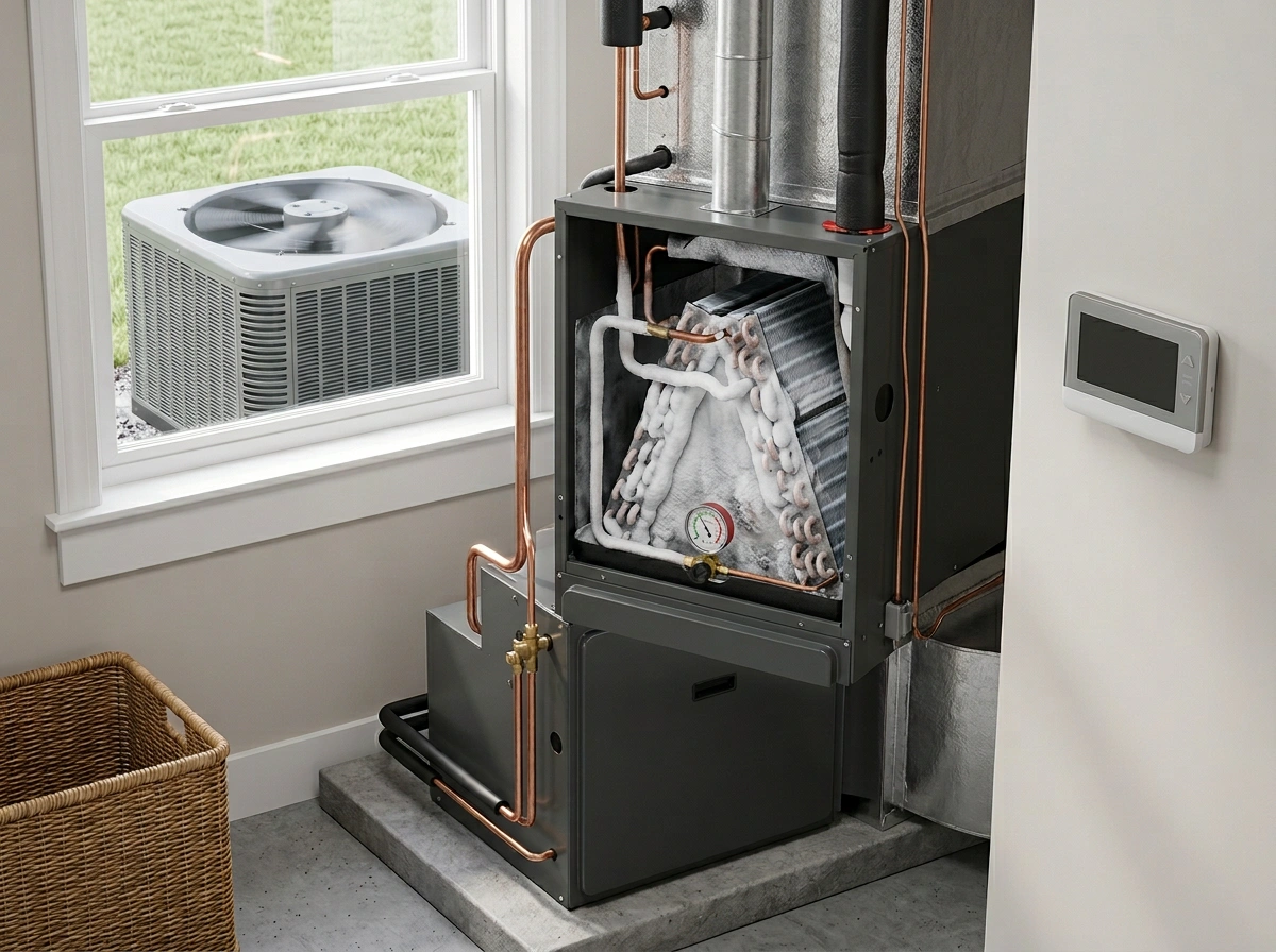 Frozen AC Evaporator Coils Inside Air Handler Unit Not Cooling Home