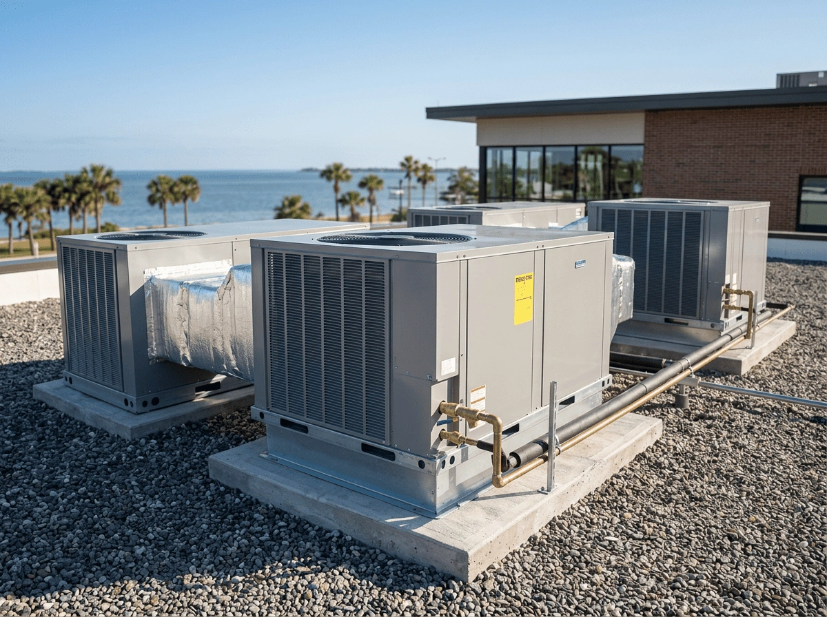 Commercial rooftop AC units overlooking coastal waterfront