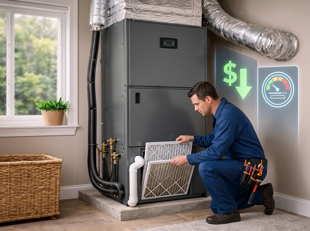 HVAC Technician Replacing Air Filter to Lower Energy Bills