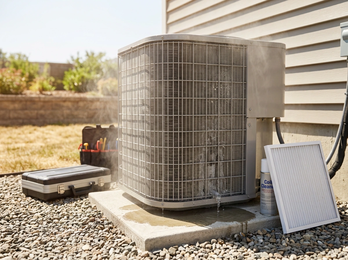 Outdoor AC Unit Being Cleaned with Coil Cleaner in Hot Humid Weather
